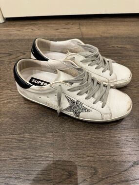 Golden Goose White Leather Sneakers with Silver Glitter Star and Black Heel